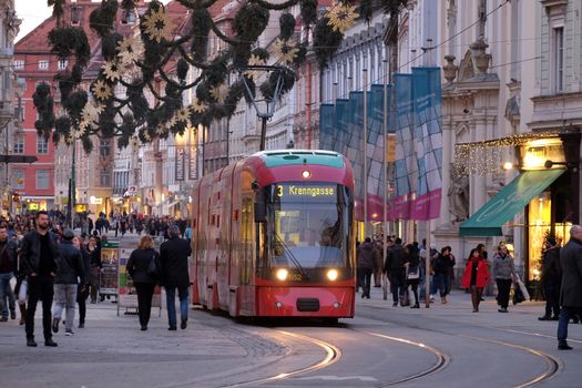 Tramway in the downtown in Graz, Austria. Graz is the capital of federal state of Styria and the second largest city in Austria on January 10, 2015.