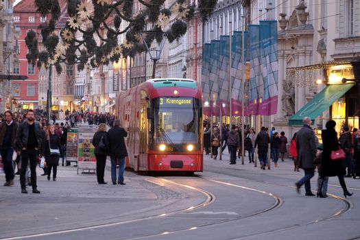 Tramway in the downtown in Graz, Austria. Graz is the capital of federal state of Styria and the second largest city in Austria on January 10, 2015.