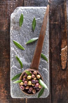 Aperitif with mixed olives in brine of Tuscany Italy