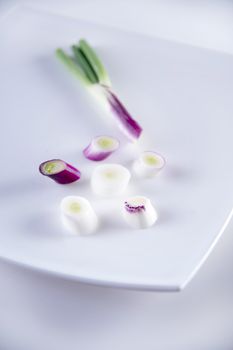 Presentation of pieces of red onion of Tropea on a plate