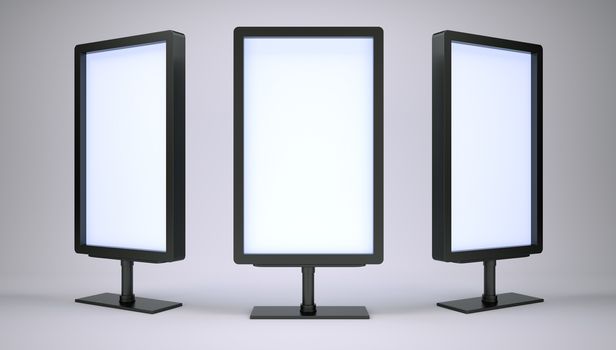 Black lightboxes in empty studio. Front view. Gradient background. 3D rendering