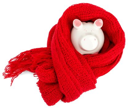 Recovering finances, Piggy bank with red scarf isolated on white