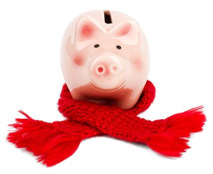 Recovering finances, Pink piggy bank with red scarf isolated on white