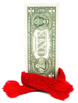 Recovering finances, One dollar banknote with red scarf isolated on white
