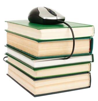 Stack books and mouse. Isolated. E-learning concept