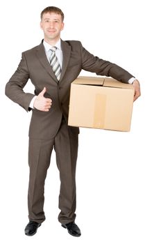 Delivery man shows thumbs-up and holds cardboard box. Transport concept