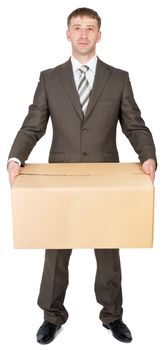 Manager in suit holding cardboard box, isolated on white. Transportation concept