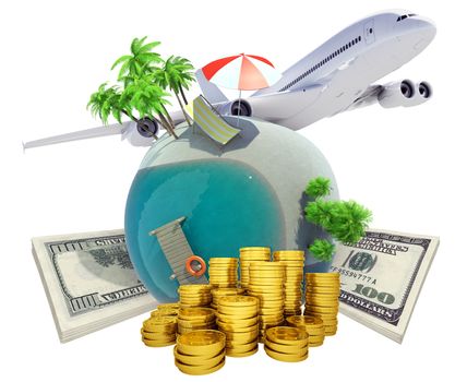 Travel beach concept. Airplane, beach globe and money. 3D rendering