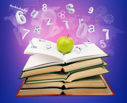 Books with green apple on abstract colorful background with numbers