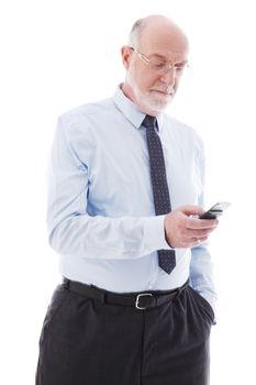 Portrait of mature business man with cellphone isolated on white background