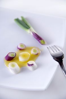 Presentation of pieces of red onion of Tropea on a plate