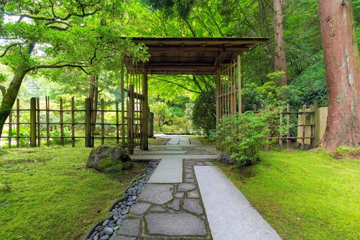 Covered Gate at Japanese Garden in Springtime