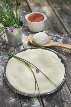 Basic Dough for pizza made with tomatoes, chives and mozzarella 