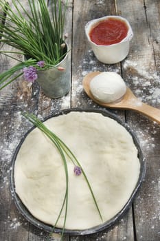 Basic Dough for pizza made with tomatoes, chives and mozzarella 