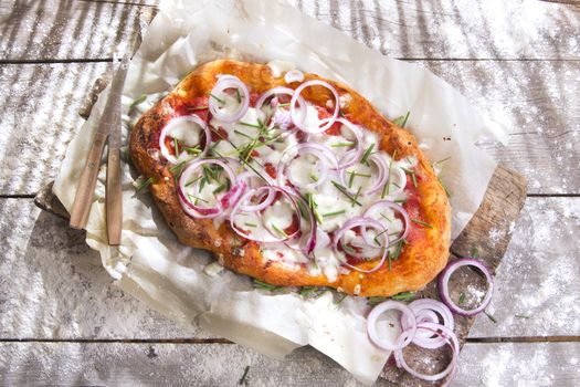 Freshly baked pizza with red onion and mozzarella 