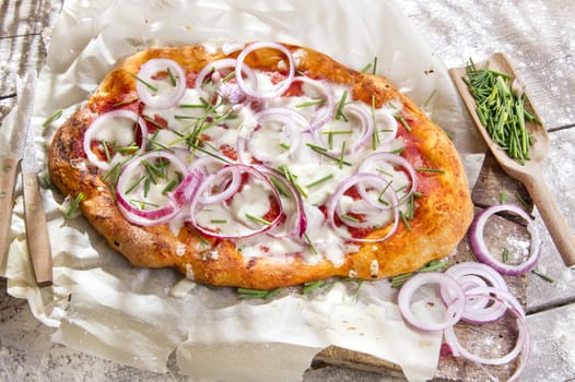 Freshly baked pizza with red onion and mozzarella 