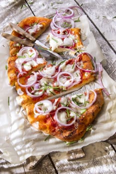 Freshly baked pizza with red onion and mozzarella 