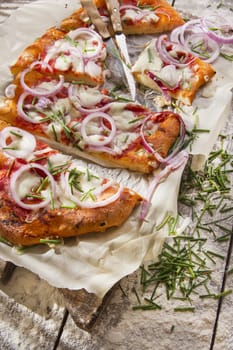 Freshly baked pizza with red onion and mozzarella 