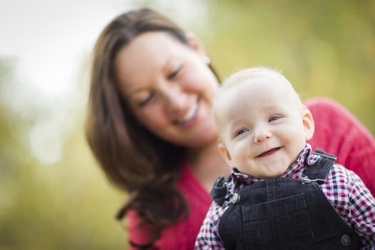 Cute Little Baby Boy Having Fun With Mommy Outdoors.