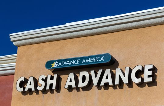 SANTA CLARITA, CA/USA - DECEMBER 26, 2015: Advance America Cash Advanced storefront and logo. Advance America Cash Advanced is a non-bank cash advance business in the United States.