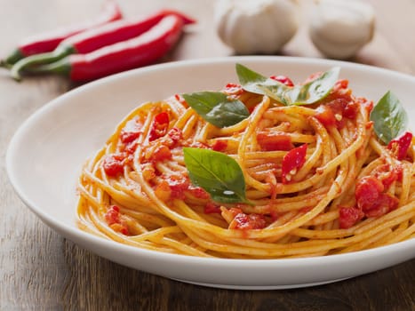 close up of rustic italian spaghetti arrabbiata pasta