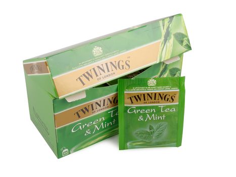 PULA, CROATIA - MAY 1, 2016: A studio shot of a box of Twinings Pure Green Tea. An English marketer of tea,it holds the world's oldest continually used company logo. 