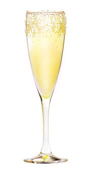 Sparkling white wine in glass, isolated on white. Champagne.