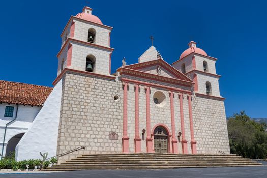 SANTA BARBARA, CA/USA - APRIL 30, 2016:  Mission Santa Barbara exterior. The Santa Barbara Mission is was founded by the Franciscan order near present-day Santa Barbara, California.