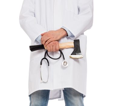 Evil medic holding a small axe and stethoscope, isolated on white