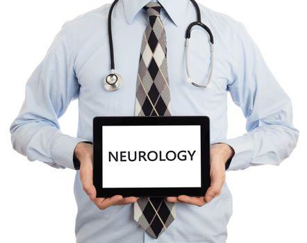 Doctor, isolated on white backgroun,  holding digital tablet - Neurology