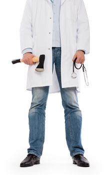 Evil medic holding a small axe and stethoscope, isolated on white