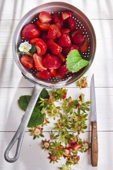 Preparing a fruit salad, strawberries into small pieces. 