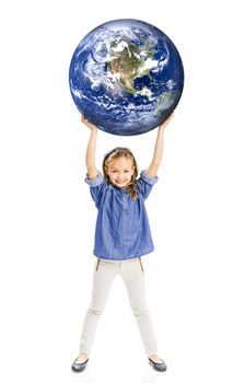 Cute little girl holding the world on her hands
