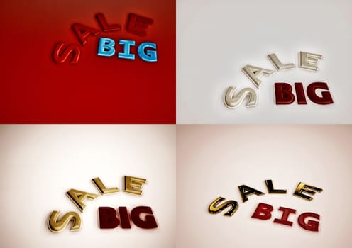 Set of pictures dimensional inscription of SALE on background. 3D illustration.