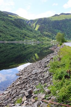 Summer Norway landscape with shore of fjord and mountain forest