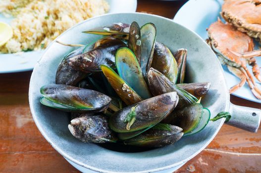 Asian green mussel Steam with Sweet Basil, Thai food. 