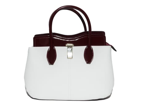 The photograph shows a female handbag on a white background