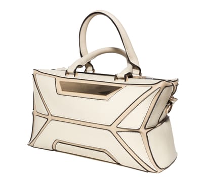 The photograph shows a female handbag on a white background