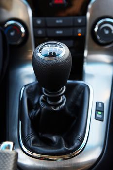 Six Speed Stick Shift Car Transmission. Stick Shift Driving. Modern Car Interior.