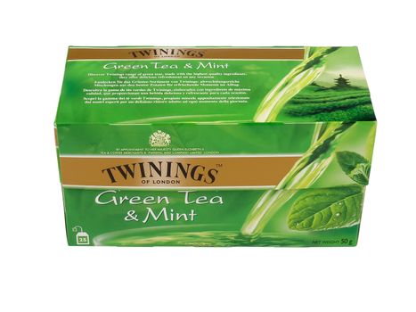 PULA, CROATIA - MAY 1, 2016: A studio shot of a box of Twinings Green Tea & Mint. An English marketer of tea,it holds the world's oldest continually used company logo.   