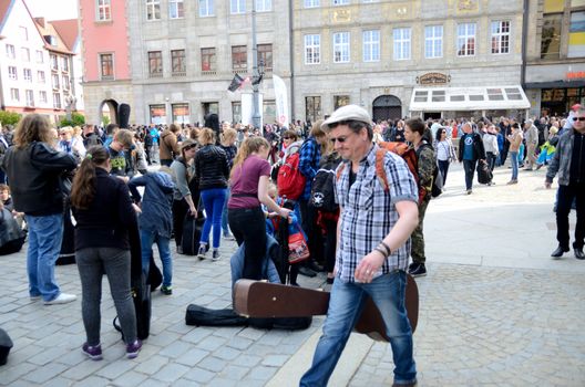 WROCLAW, POLAND - MAY 1: Unidentified guitarists coming back home with new Guitar Guiness Record after Thanks Jimi Festival on 1st May 2016 in Wroclaw, Poland.