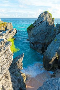 View of ocean cave rock formations located on the island of Bermuda at Jobsons Cove near Warwick Long Bay Beach