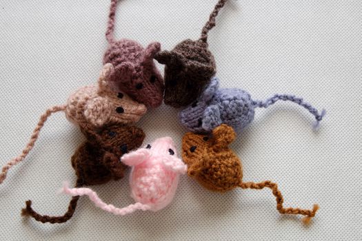 Funny concept from handmade product, group of tiny mice eat rice, amazing animals toys for kid, knitted rats knit from yarn