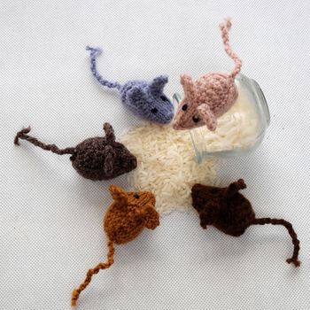 Funny concept from handmade product, group of tiny mice eat rice, amazing animals toys for kid, knitted rats knit from yarn