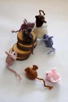 Funny concept from handmade product, group of tiny mice eat rice, amazing animals toys for kid, knitted rats knit from yarn