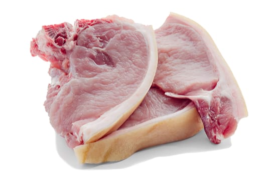 Several large pieces of fresh pork meat on white background, morning light and bokeh.
