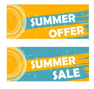 summer offer and sale banners - text and sun sign in yellow blue drawn labels, business seasonal shopping concept