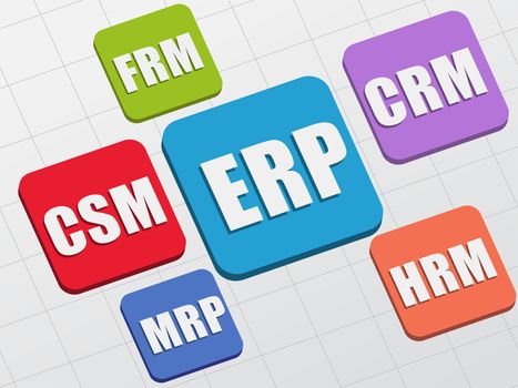 ERP, CSM, FRM, CRM, HRM, MRP - white text in colorful flat design banners, business management systems concept