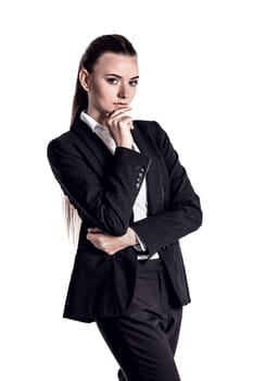 Portrait of young businesswoman in black suit isolated on white background