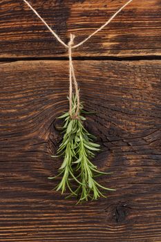 Rosemary herb hanging and drying on rustic wooden background. Culinary aromatic herbs.